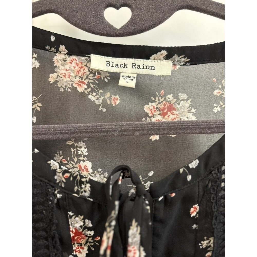 Black Rainn Semi-Sheer Black Floral Drawstring Bell Sleeve Crotched Lace Size L - Picture 2 of 13